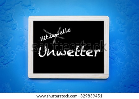 blackboard with german words "Hitzewelle-Unwetter' (heatwave-bad weather)
