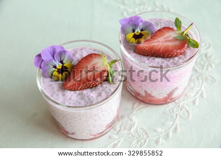 pink Chia coconut pudding with strawberry and edible flowers, keto, ketogenic, low carb diet, sugar free, dairy free and gluten free dessert
