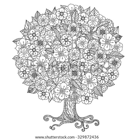 Circle shape orient floral black and white tree could be use  for coloring book  in zentangle style. 