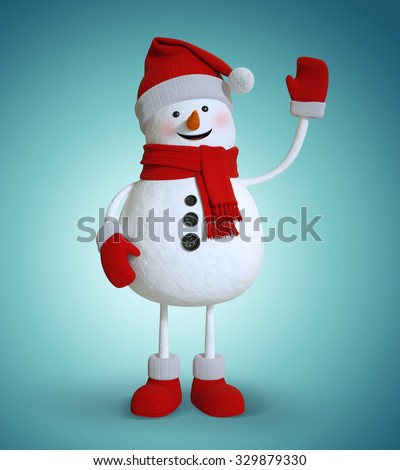 snowman waving hand, blue Christmas background, holiday clip art, 3d illustration