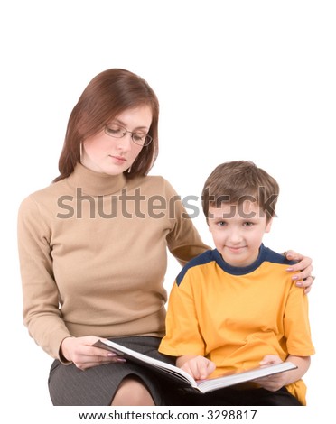 Young boy with teacher isolated on white