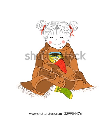 Cartoon character for card / notebook / phone / diary / school accessory / T-shirt design, children's book. One of a set: happy cute girl. Winter. Girl warming up with blanket and hot drink.
