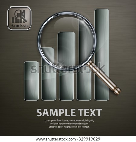 Magnifying glass and chart, analyzing graphic on black, vector illustration
