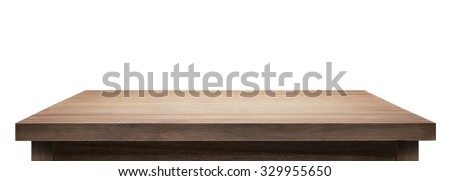 Wooden table top on white background. Royalty-Free Stock Photo #329955650