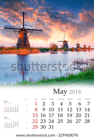 Calendar 2016. May. Colorful spring sunset in the Netherlands 