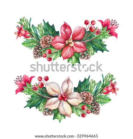 Christmas garlands design elements, holiday floral clip art, watercolor illustration isolated on white background
