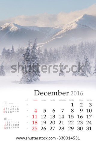 Calendar 2016. December. Colorful winter landscape in the mountains.