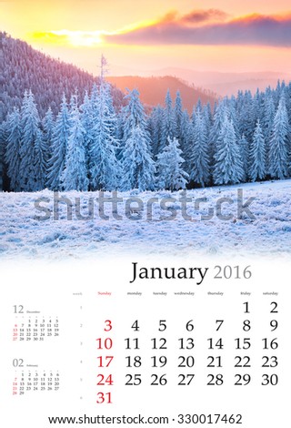 Calendar 2016. January. Colorful winter landscape in the mountains