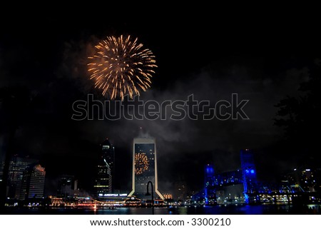 night time view of downtown Jacksonville, Florida with reflections of fireworks