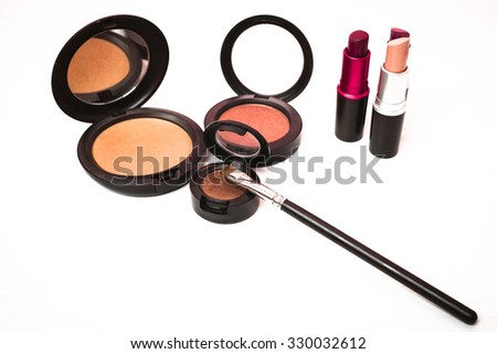 Set of decorative cosmetics on studio white background. Makeup products with copy space for your text. Cosmetics and Make-up concept. Studio shot. Horizontal picture