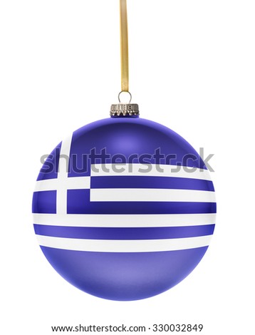 A glossy christmas ball in the national colors of Greece hanging on a golden string isolated on a white background.(series)