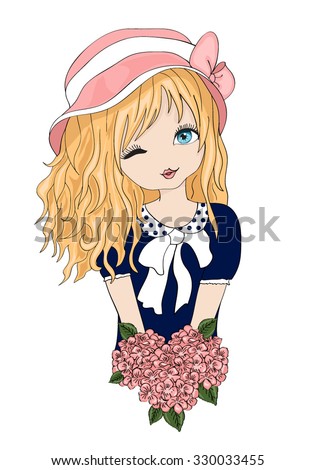 Blonde cute girl with flowers vector design.Cartoon character.
