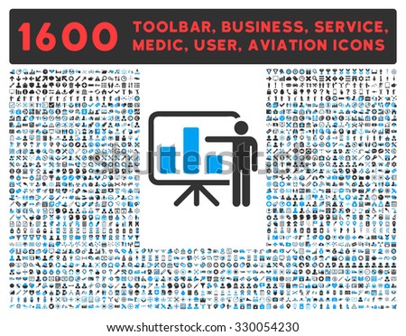 Presentation vector icon and 1600 other business, service tools, medical care, software toolbar, web interface pictograms. Style is bicolor flat symbols, blue and gray colors, rounded angles, white