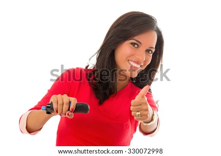 woman posing as driving on a white background