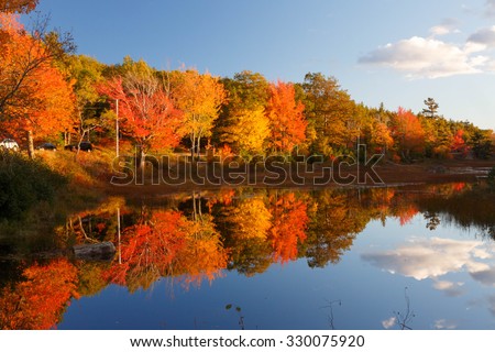 Fall colors in Acadia National Park with brilliant colorful trees reflected in water