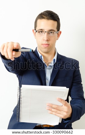 Portrait of young professor. Isolated over white background