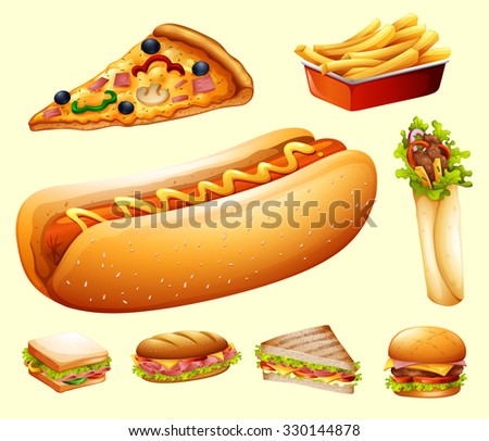 Food set with various kind of fastfood illustration