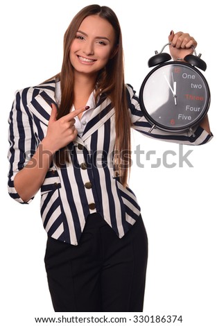 Beautiful office girl showing clock isolated on a white background