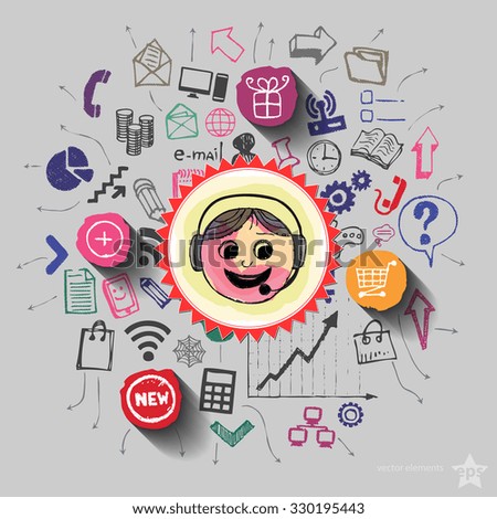 Operator and collage with web icons background. Vector illustration
