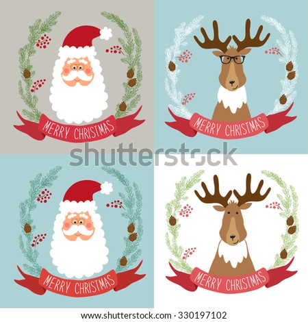 Cute set of hand drawn Christmas symbols as festive wreathes  with Santa and Reindeer with hand written text for your decoration