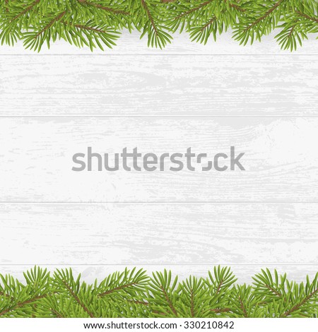 Christmas tree frame on wood plank white background. vector illustration. 