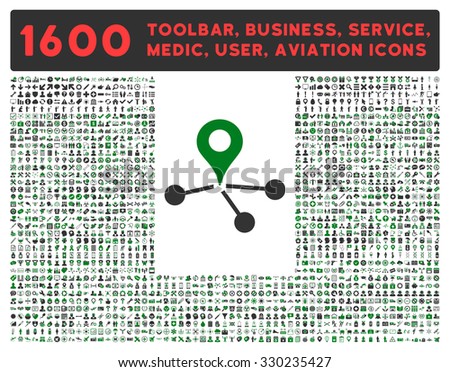 Geo Network vector icon and 1600 other business, service tools, medical care, software toolbar, web interface pictograms. Style is bicolor flat symbols, green and gray colors, rounded angles, white