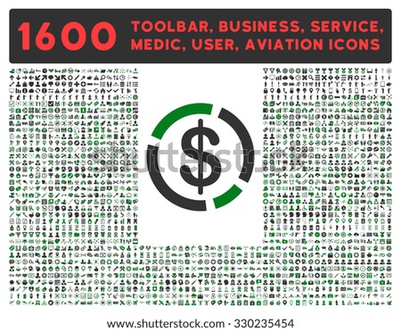 Dollar Diagram vector icon and 1600 other business, service tools, medical care, software toolbar, web interface pictograms. Style is bicolor flat symbols, green and gray colors, rounded angles, white