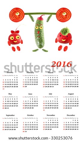 2016 Calendar.  Little funny people from vegetables and fruits.