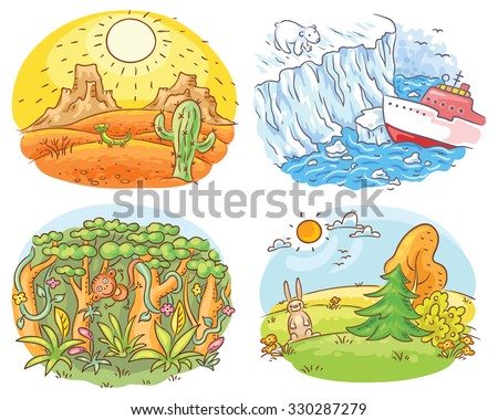 Set of four different climatic zones - desert, Arctic, jungle and moderate climate, cartoon drawing