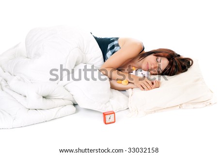 red head woman sleeping with rabbit plush isolated on white