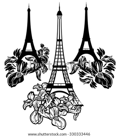 eiffel tower among flowers - black and white vector design elements