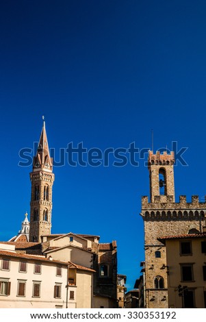 Museum Palazzo del Bargello and church Badia Fiorentina. View from Piazza della Signoria in Florence, Tuscany Italy.