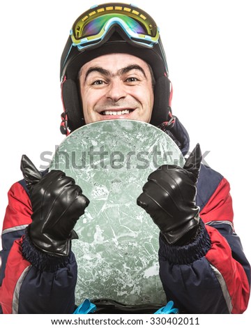 Male snowboarder with the board on a white background.
