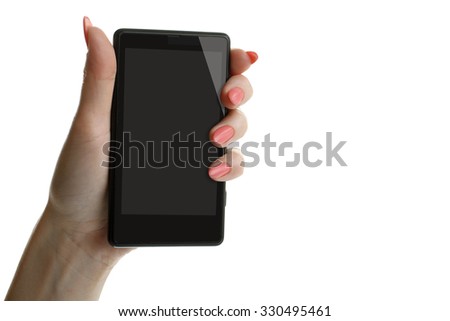 discharged mobile phone in the hands of a young girl on a white isolated background