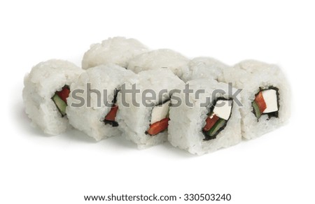 Various kinds of sushi and sashimi on white background
