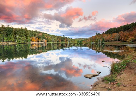 Sunset at Bass Lake, Moses Cone Memorial Park, near Blowing Rock, North Carolina in autumn.