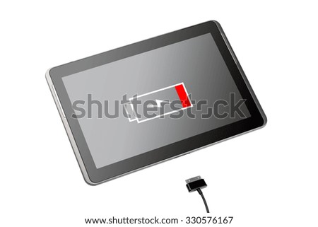 the discharged tablet with charger isolated on white background