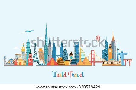 World skyline. Travel and tourism background. Vector flat illustration