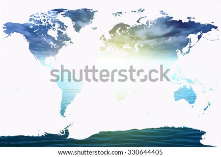 world map on blur dark ocean and light background