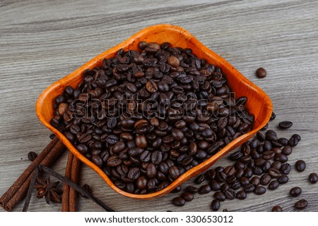 Coffee beans with vanila sticks, and star-anise