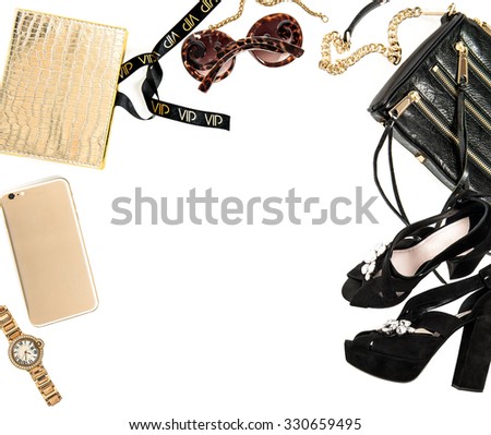Fashion mock up with business lady accessories. Feminine objects on white background