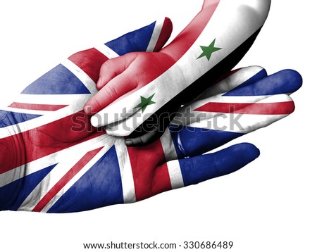 United Kingdom flag overlaid the hand of an adult man holding a baby hand with the flag of Syria overprinted. Conceptual image for help, aid, assistance, rescue. Isolated on white background