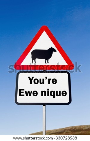 Red and white triangular road sign with a You're Ewe nique play on words concept against a partly cloudy sky background