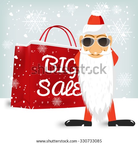 Santa Claus with glasses standing near a red big sale shopping bag. Sale, christmas, x-mas and holidays concept