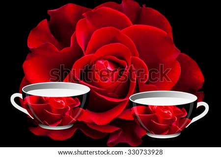 Beautiful red rose  and  tea cups designed with  image of rose on black background. Floral wallpaper, greeting card.  