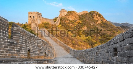 Panorama of the Great Wall of China with blue sky