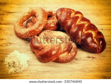 set bread on wooden table