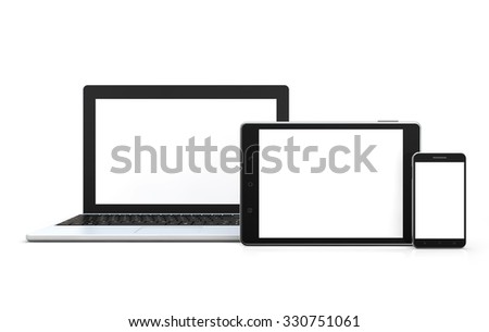 mobile technology laptop, smartphone, tablet isolated white background with clipping path