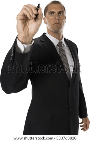 Serious Caucasian man with short medium brown hair in business formal outfit using pen - Isolated