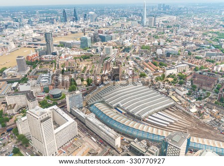 London, UK. Aerial view of Waterloo station and city skyline.